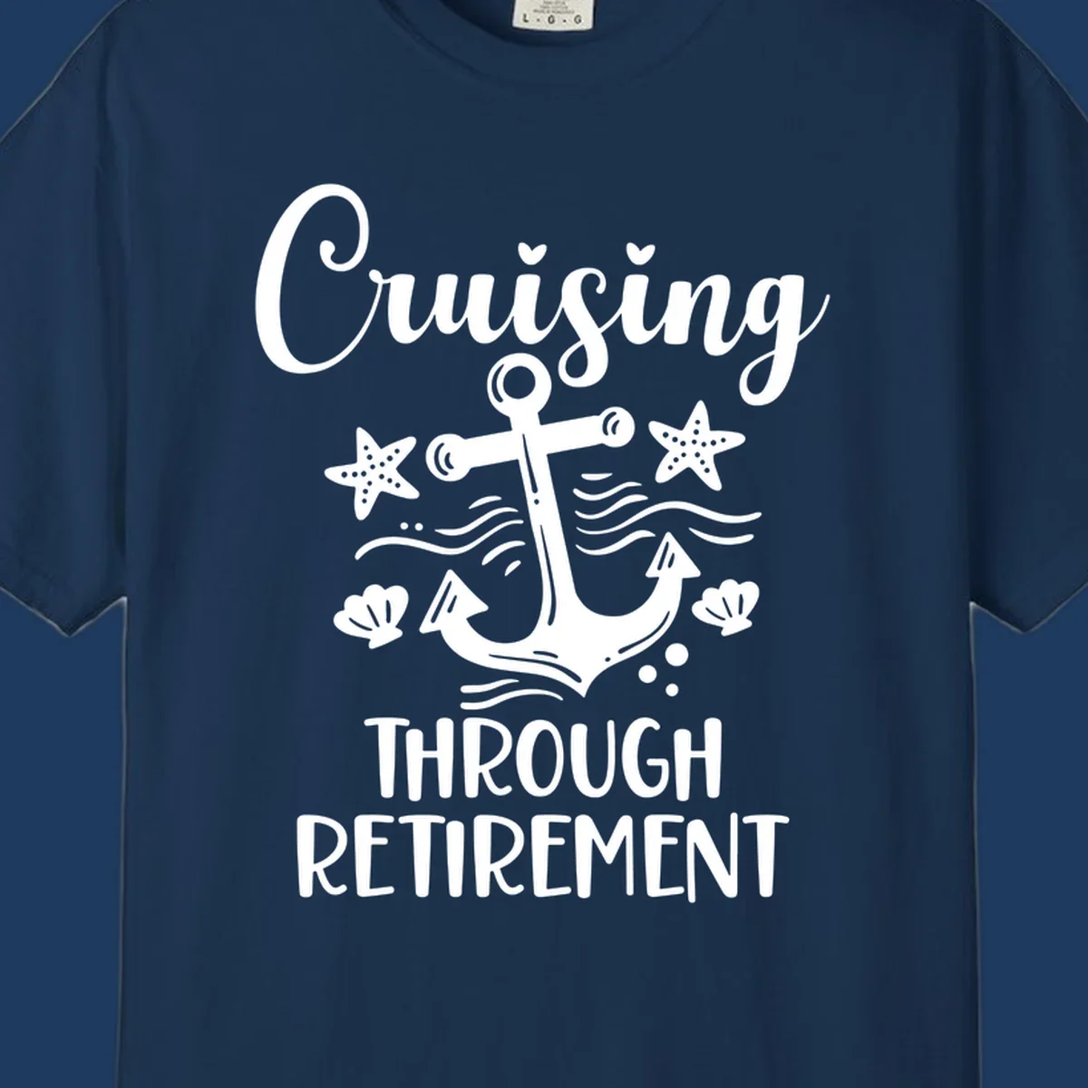 Cruising through retirement nautical design with white anchor, starfish, seashells, and ocean waves on gray background