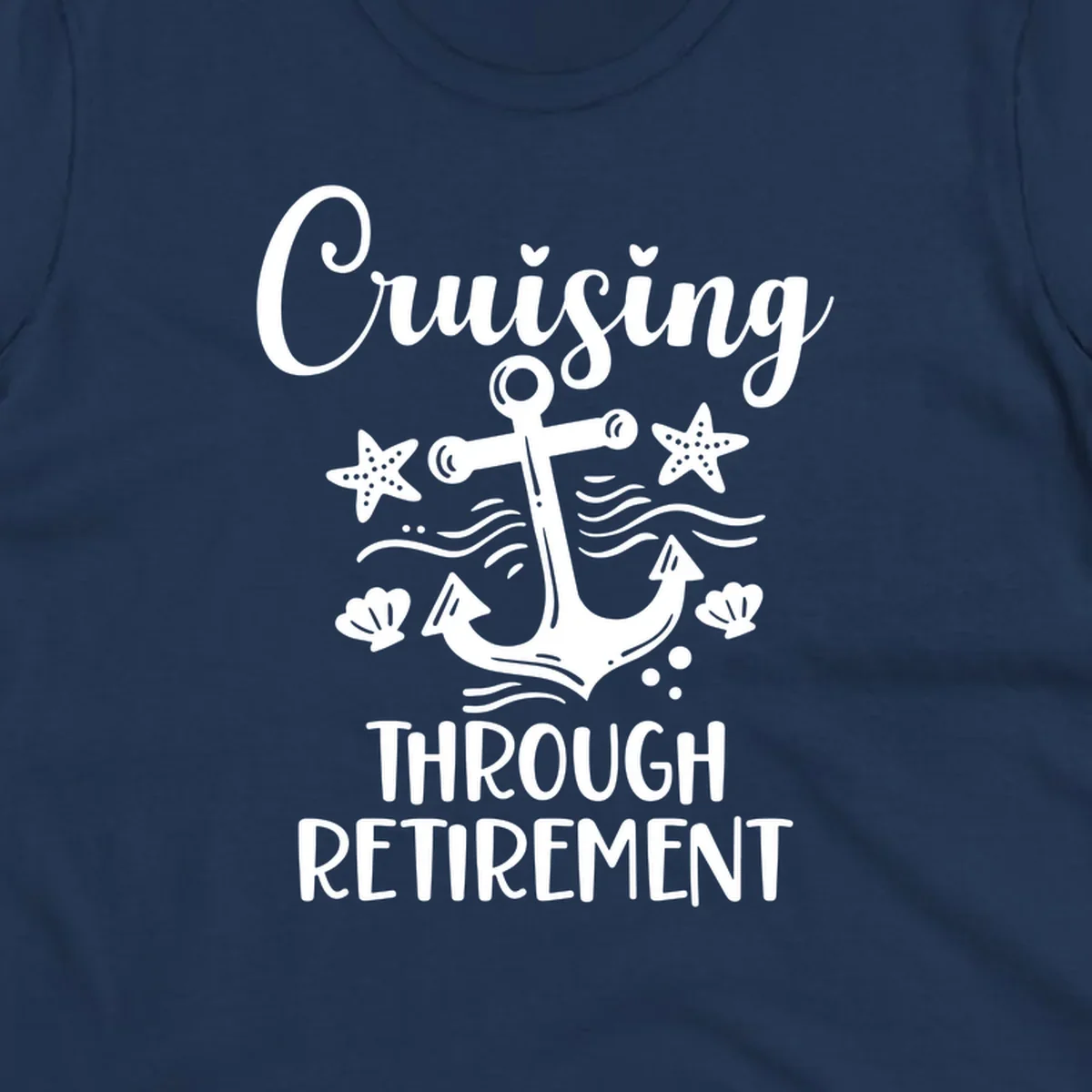 Cruising through retirement nautical design with white anchor, starfish, seashells, and ocean waves on gray background