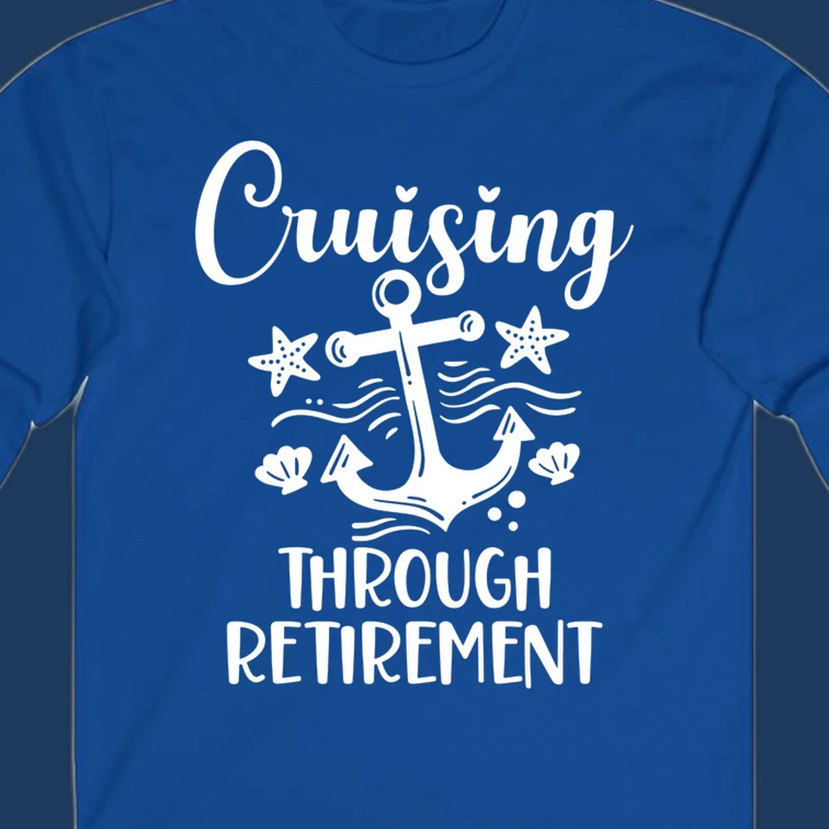 Cruising through retirement nautical design with white anchor, starfish, seashells, and ocean waves on gray background