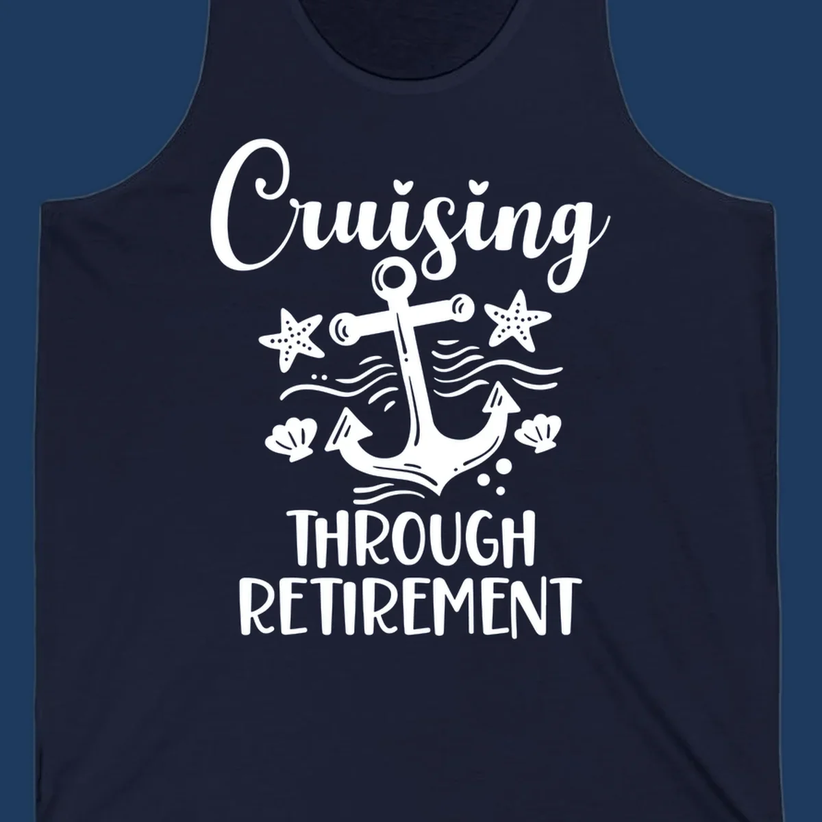 Cruising through retirement nautical design with white anchor, starfish, seashells, and ocean waves on gray background