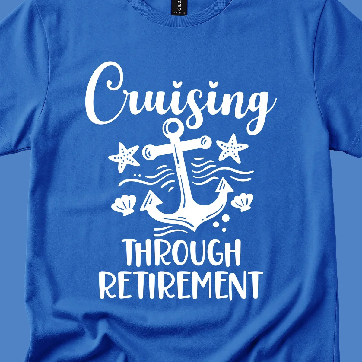 Cruising through retirement nautical design with white anchor, starfish, seashells, and ocean waves on gray background
