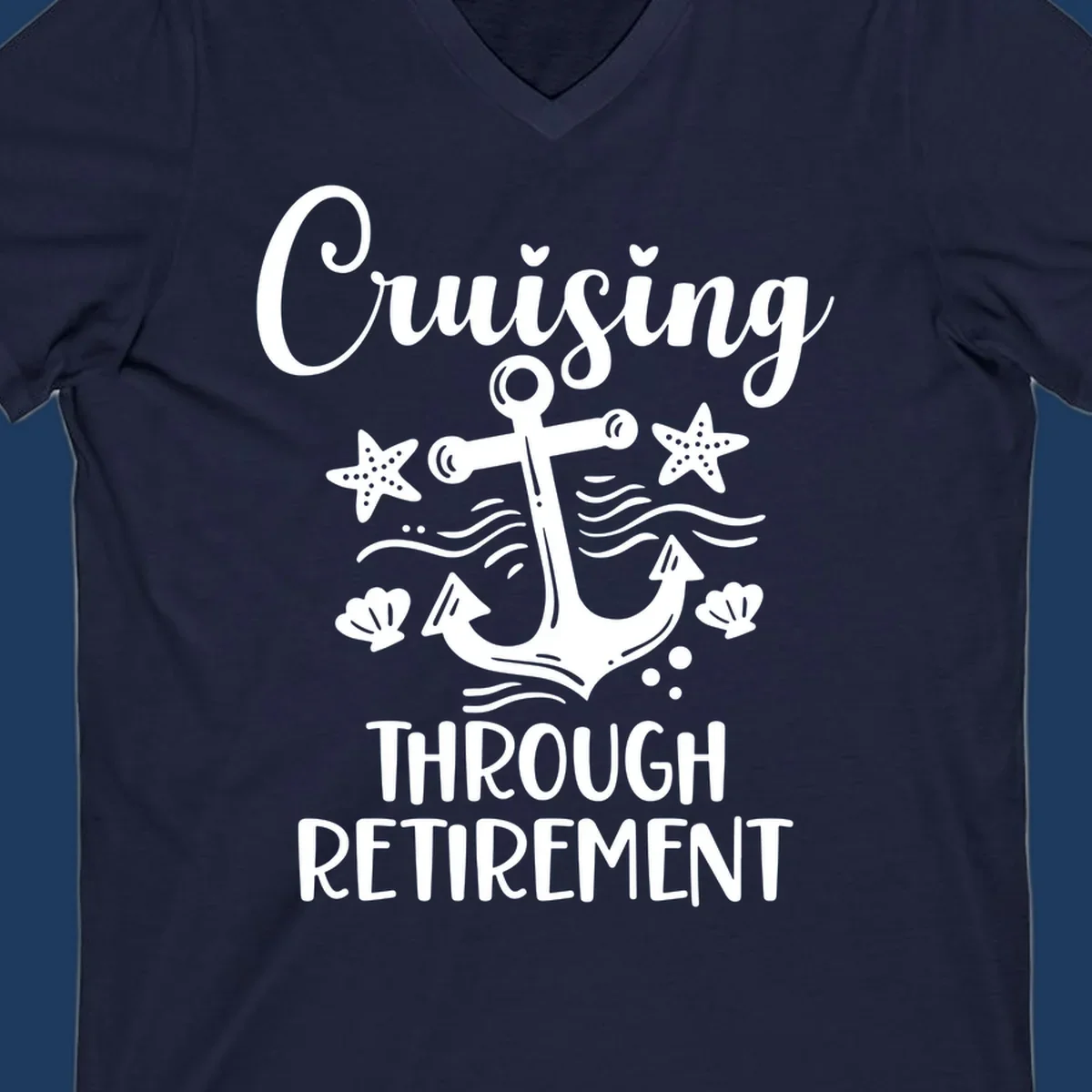 Cruising through retirement nautical design with white anchor, starfish, seashells, and ocean waves on gray background