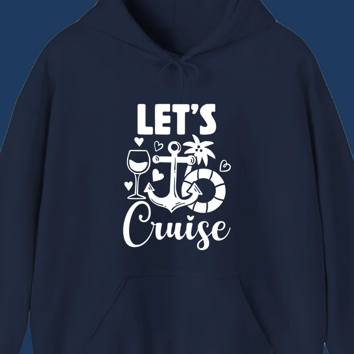 Let's Cruise nautical design with anchor, wine glass, life preserver, tropical flower, and hearts on gray background