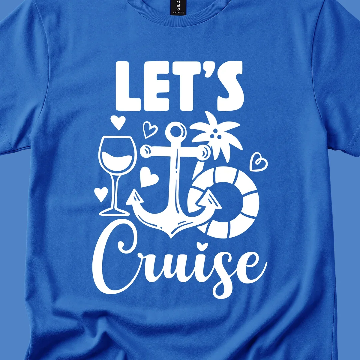 Let's Cruise nautical design with anchor, wine glass, life preserver, tropical flower, and hearts on gray background