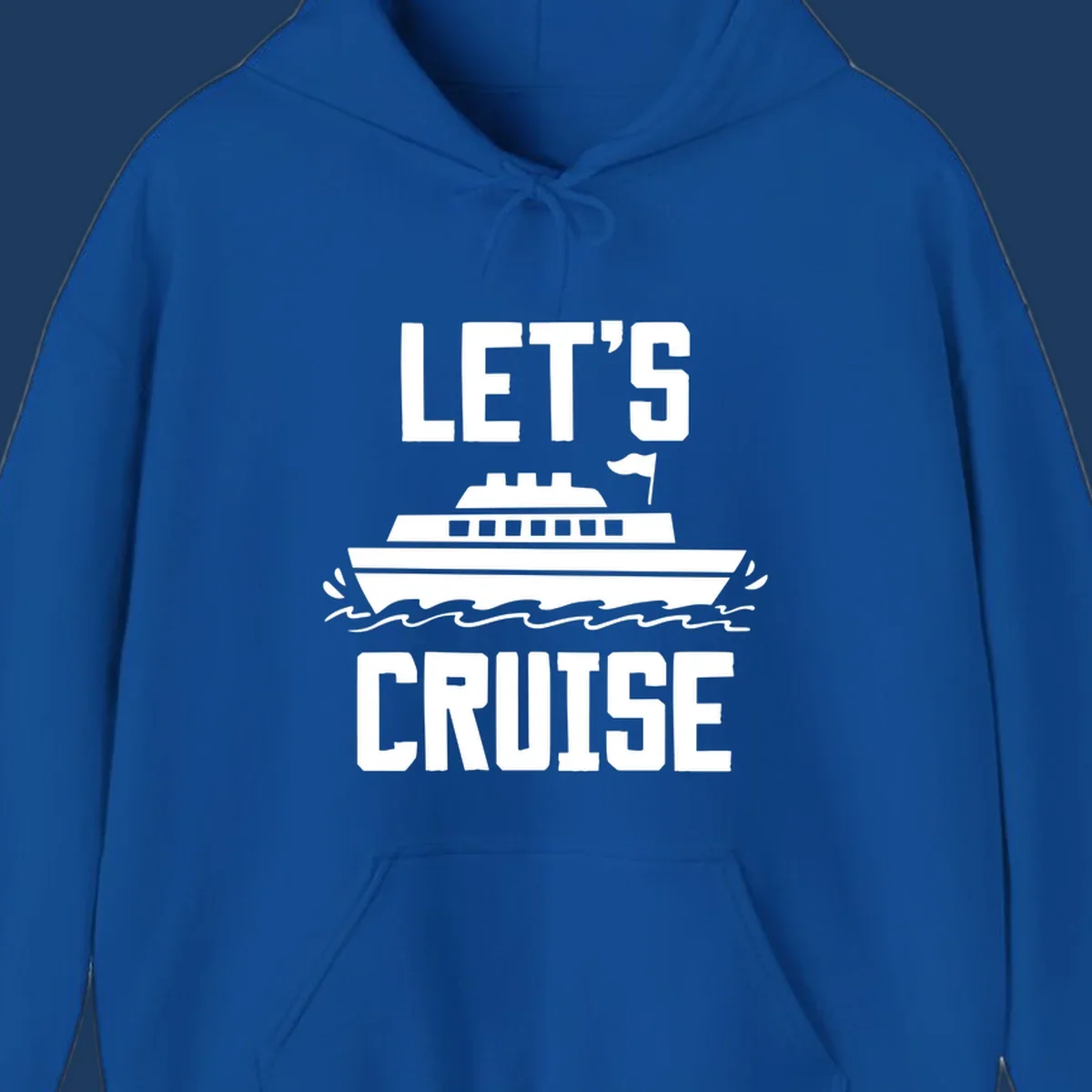 Let's cruise ship design with bold text and cruise ship illustration sailing on ocean waves