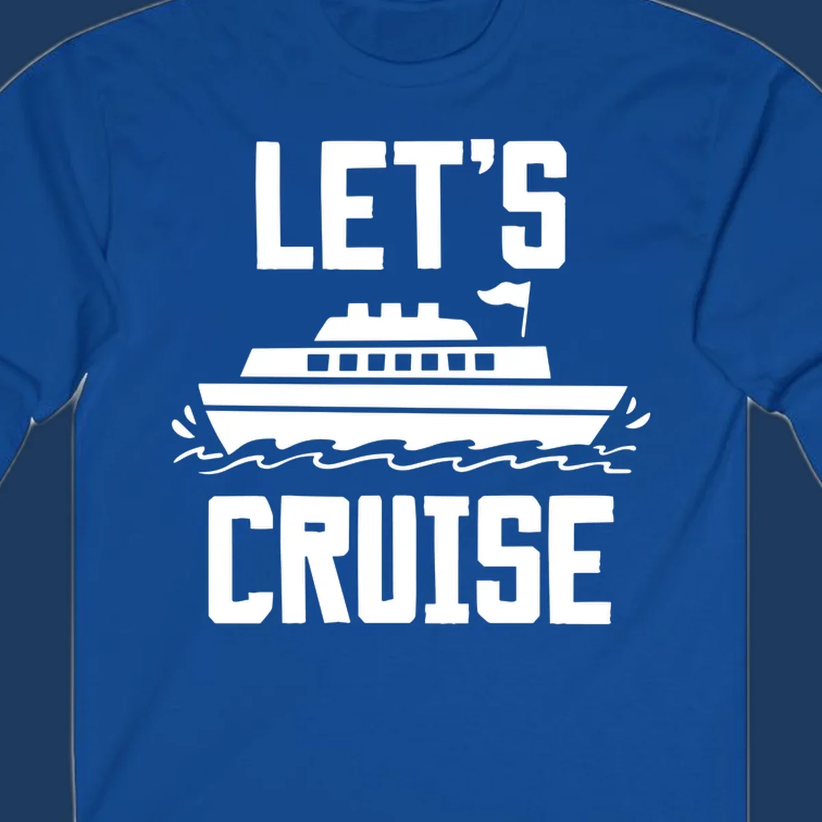 Let's cruise ship design with bold text and cruise ship illustration sailing on ocean waves