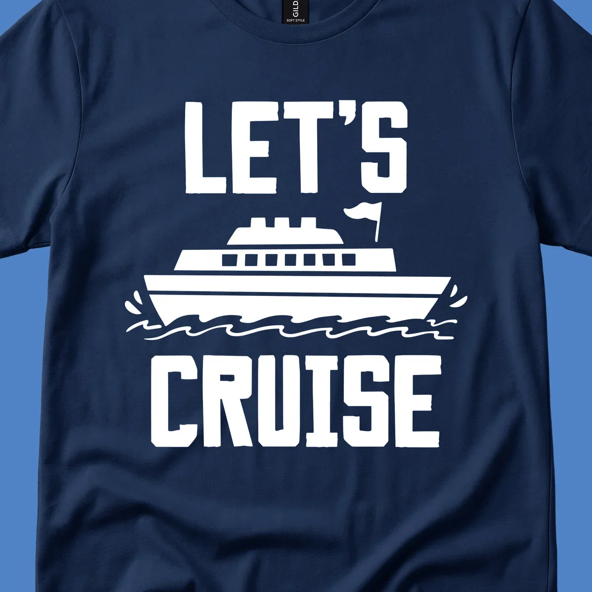 Let's cruise ship design with bold text and cruise ship illustration sailing on ocean waves