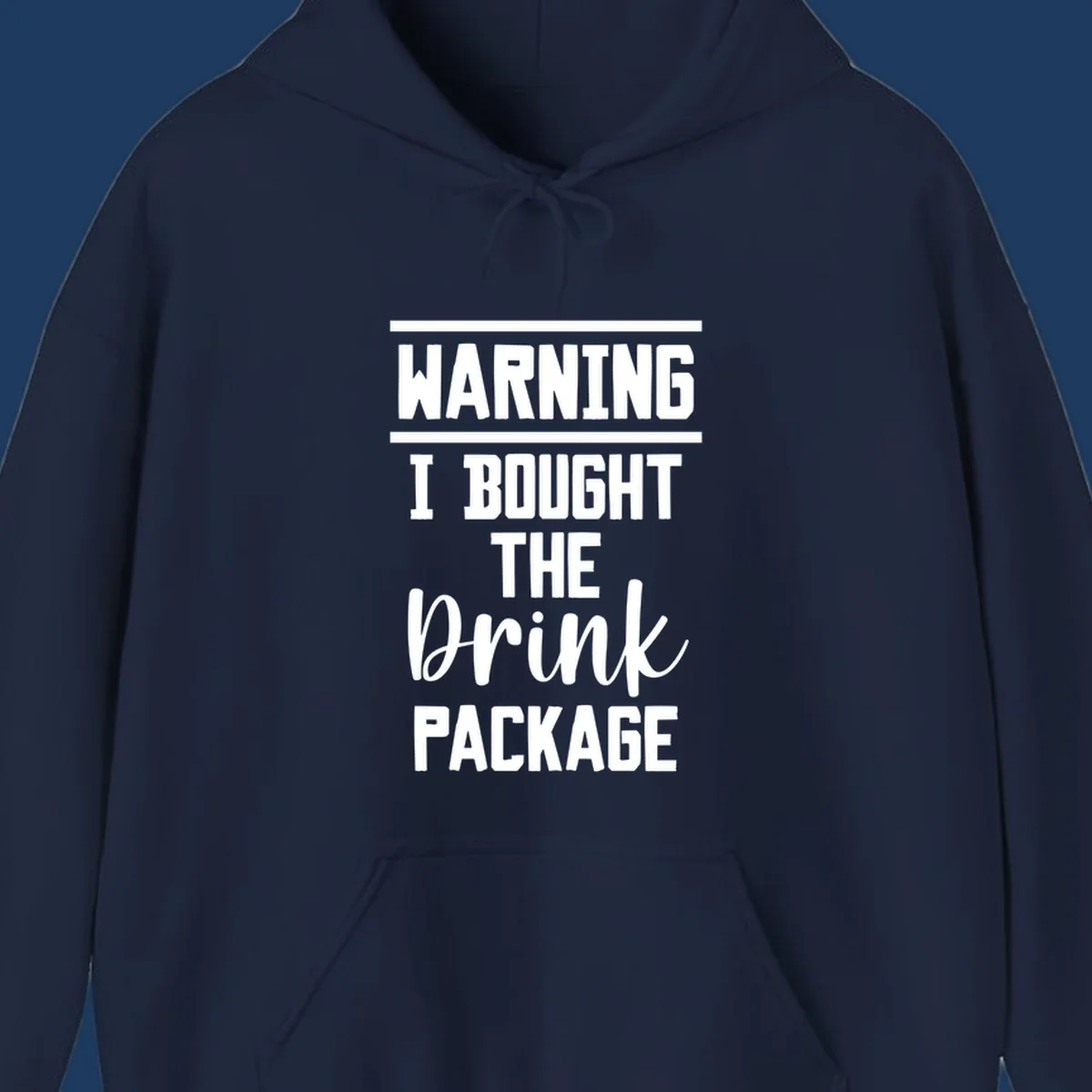 Bold warning-style design saying 'I Bought The Drink Package' in white text on gray background, a humorous cruise vacation shirt
