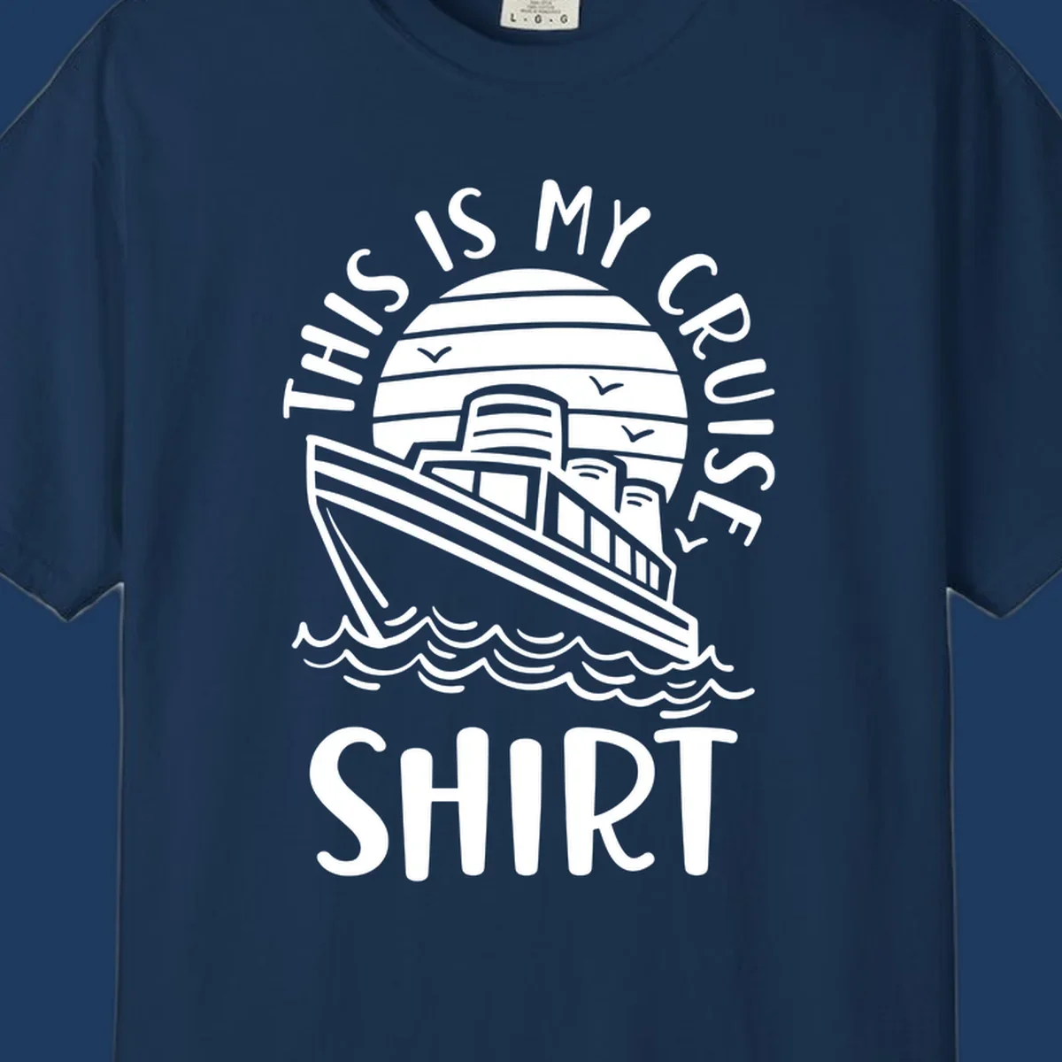 Vintage line art of a cruise ship in circular striped background with ocean waves and 'This Is My Cruise Ship' text