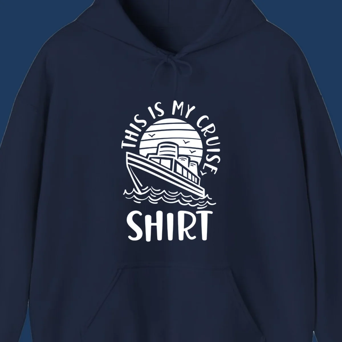 Vintage line art of a cruise ship in circular striped background with ocean waves and 'This Is My Cruise Ship' text