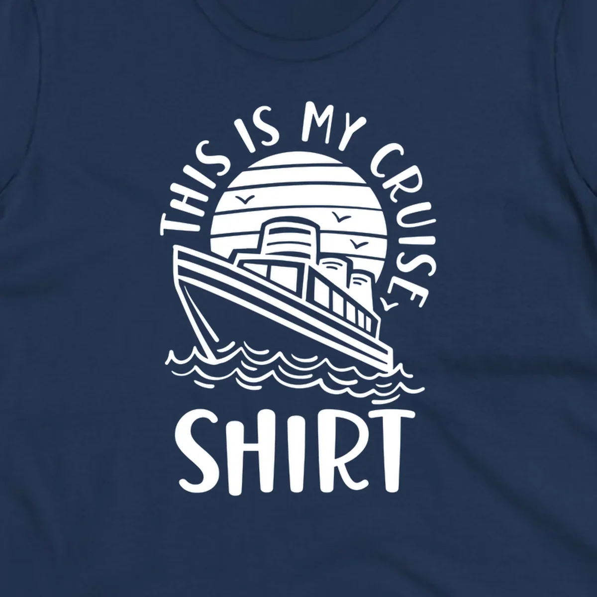 Vintage line art of a cruise ship in circular striped background with ocean waves and 'This Is My Cruise Ship' text