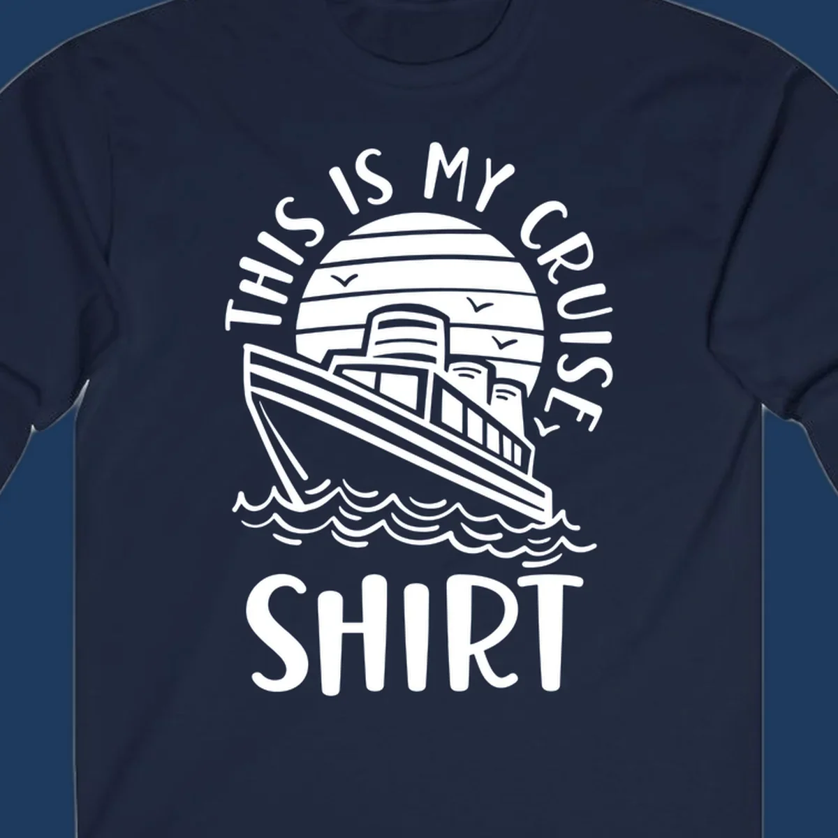 Vintage line art of a cruise ship in circular striped background with ocean waves and 'This Is My Cruise Ship' text