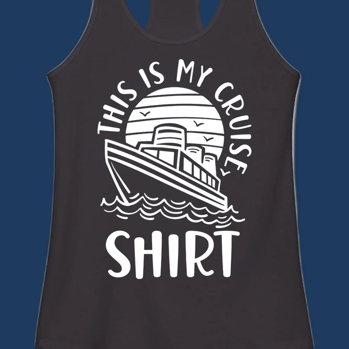 Vintage line art of a cruise ship in circular striped background with ocean waves and 'This Is My Cruise Ship' text