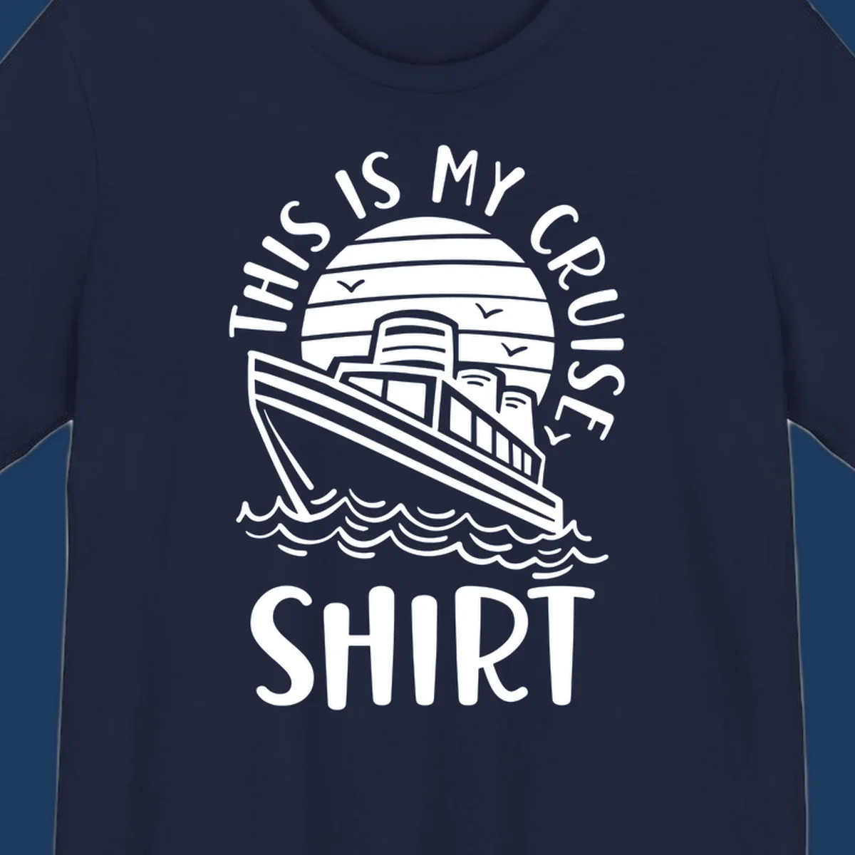 Vintage line art of a cruise ship in circular striped background with ocean waves and 'This Is My Cruise Ship' text