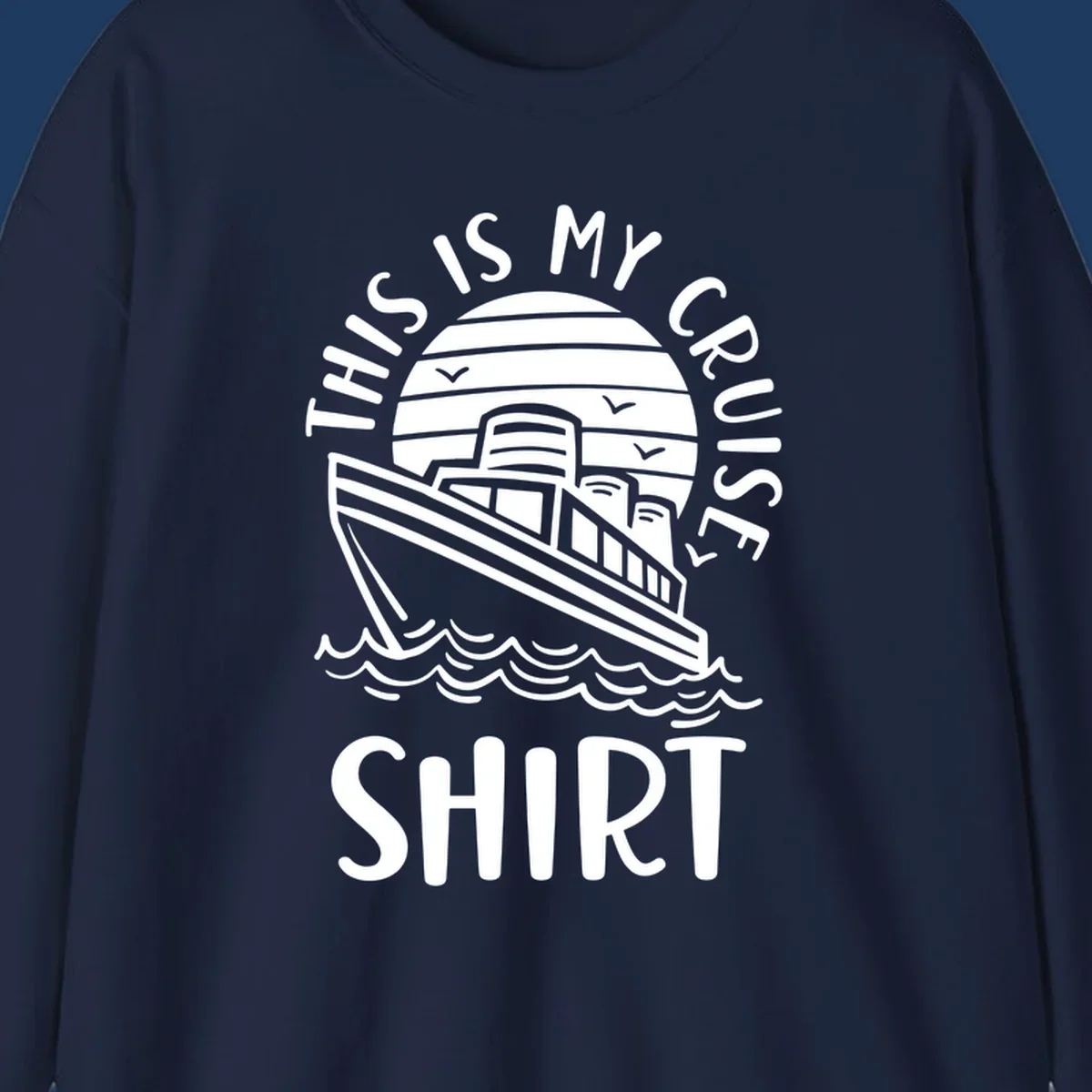 Vintage line art of a cruise ship in circular striped background with ocean waves and 'This Is My Cruise Ship' text