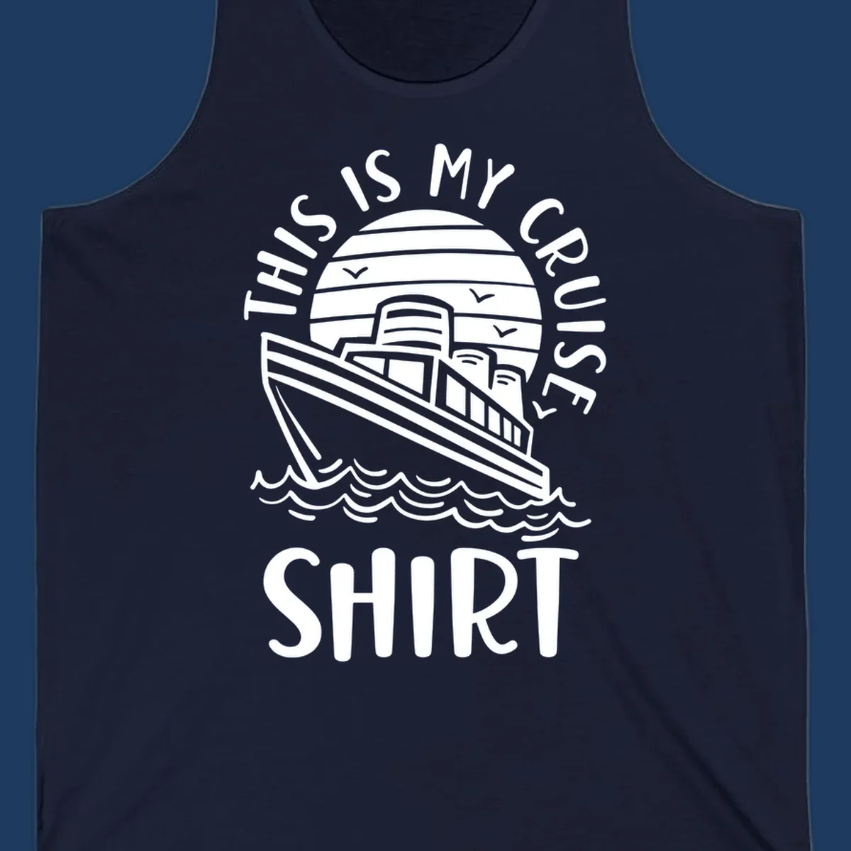 Vintage line art of a cruise ship in circular striped background with ocean waves and 'This Is My Cruise Ship' text