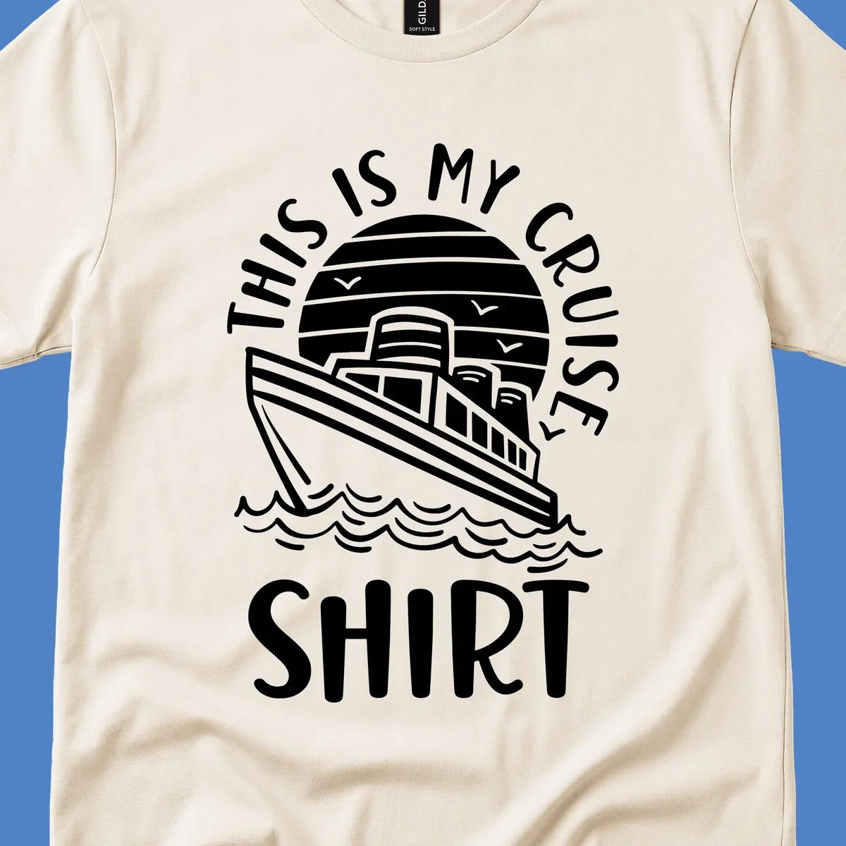 Vintage line art of a cruise ship in circular striped background with ocean waves and 'This Is My Cruise Ship' text