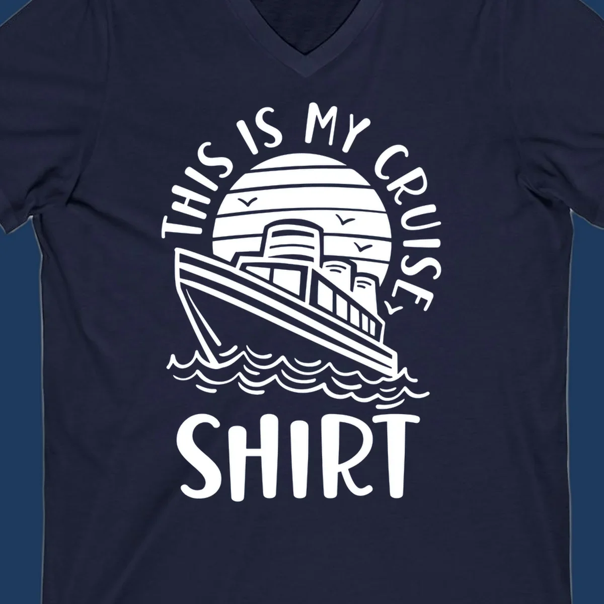 Vintage line art of a cruise ship in circular striped background with ocean waves and 'This Is My Cruise Ship' text
