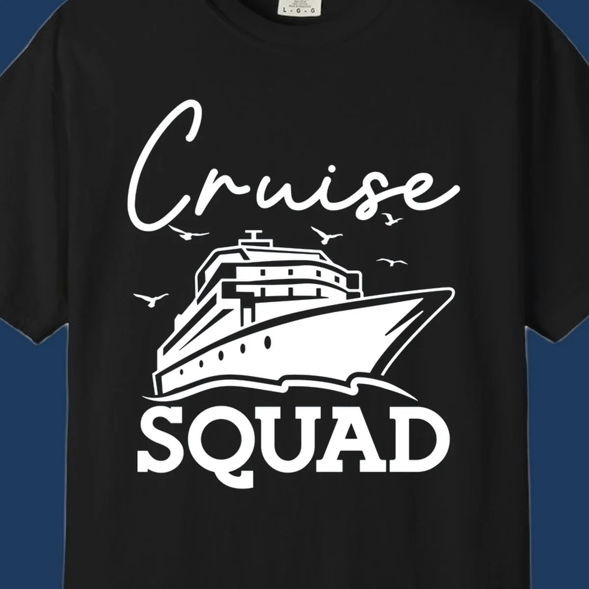 Cruise squad design featuring a ship illustration with seagulls and elegant lettering on gray background