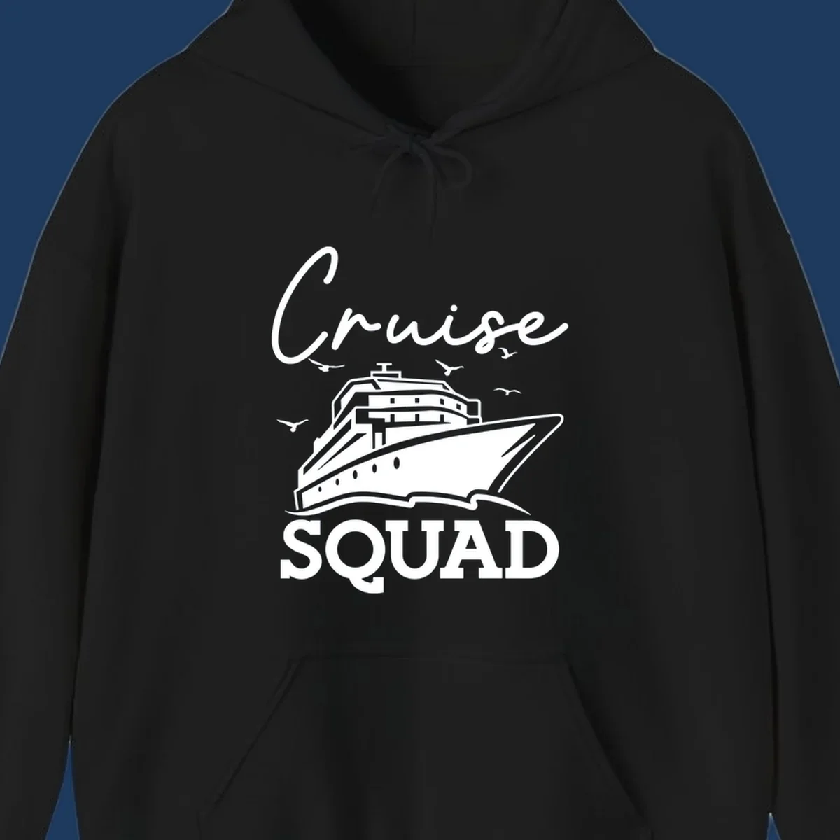Cruise squad design featuring a ship illustration with seagulls and elegant lettering on gray background