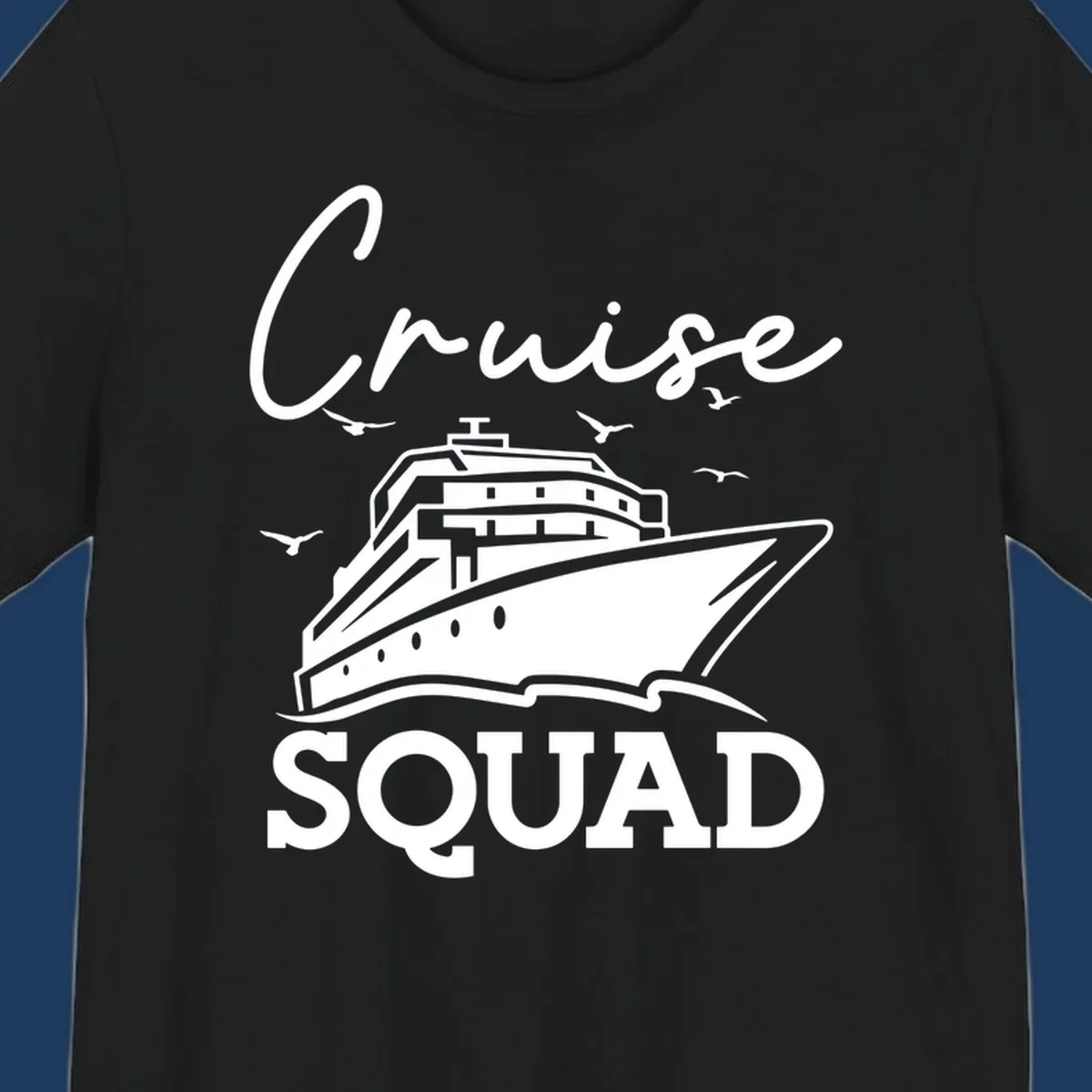 Cruise squad design featuring a ship illustration with seagulls and elegant lettering on gray background