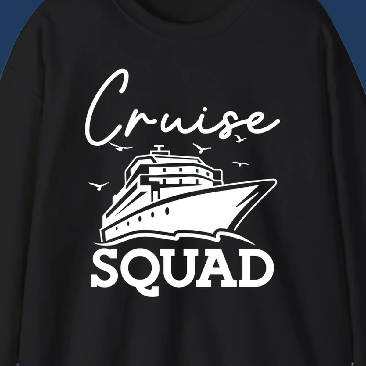 Cruise squad design featuring a ship illustration with seagulls and elegant lettering on gray background