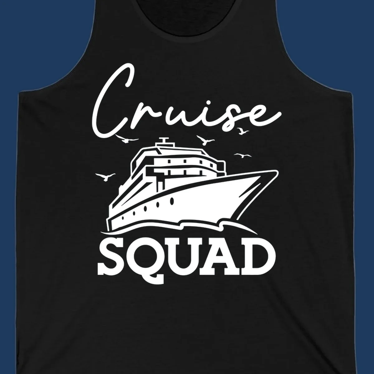 Cruise squad design featuring a ship illustration with seagulls and elegant lettering on gray background