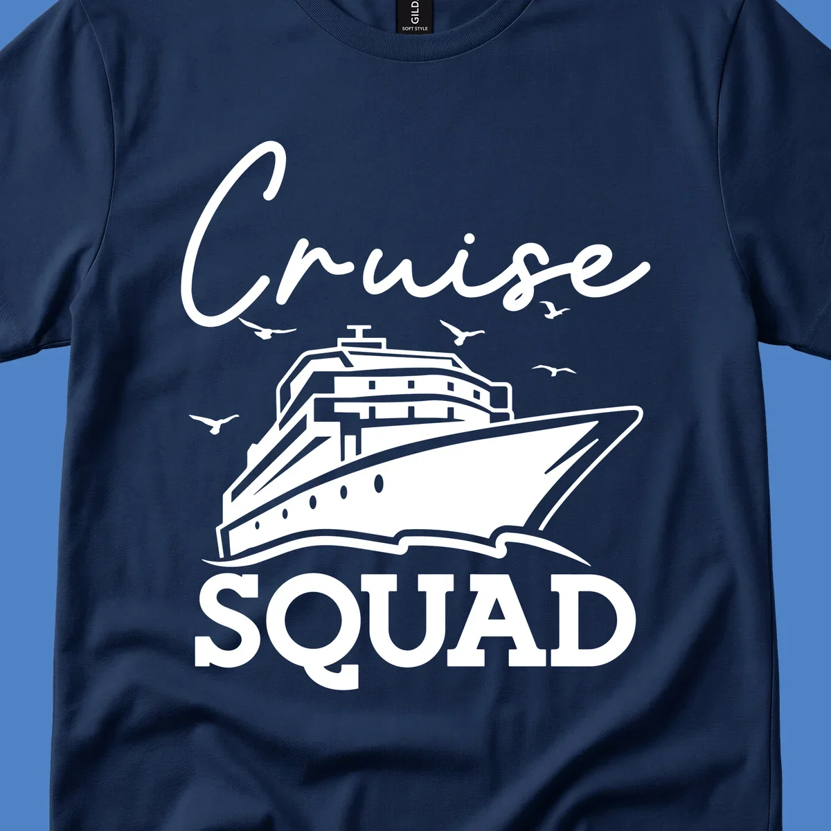 Cruise squad design featuring a ship illustration with seagulls and elegant lettering on gray background