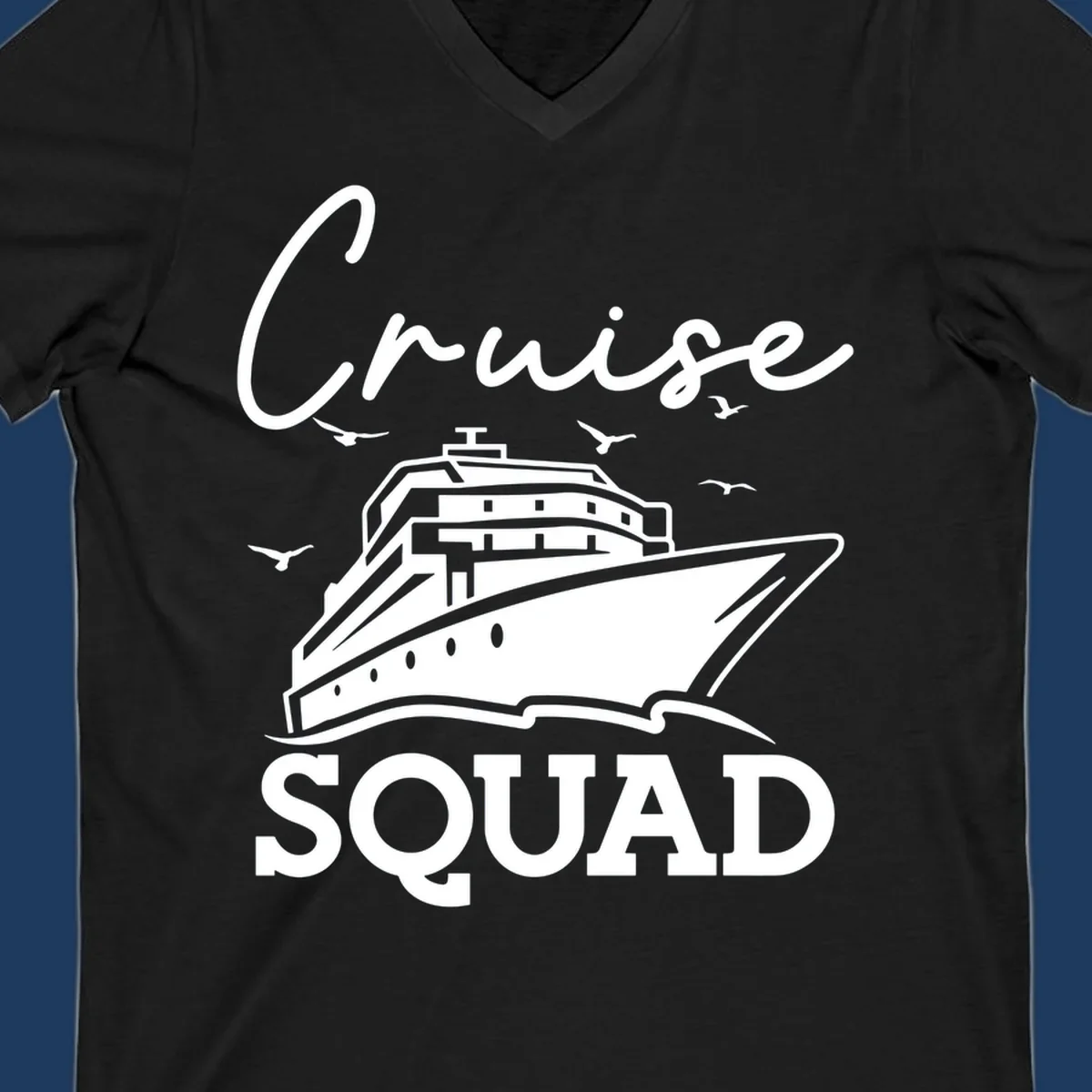 Cruise squad design featuring a ship illustration with seagulls and elegant lettering on gray background