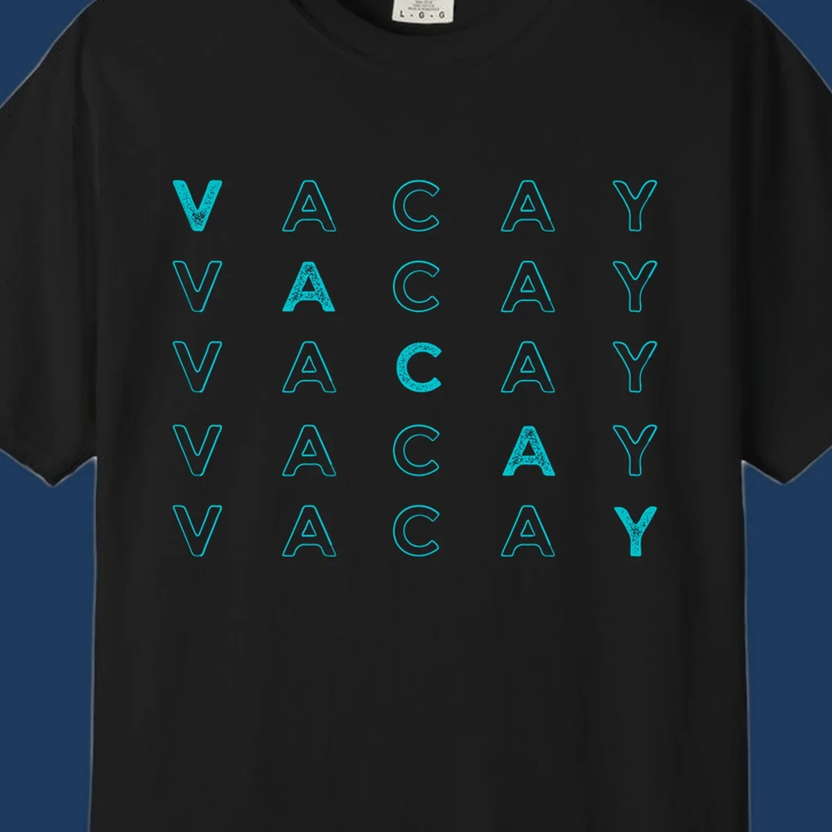 Repeating cyan 'VACAY' text pattern on gray background, vacation-themed design