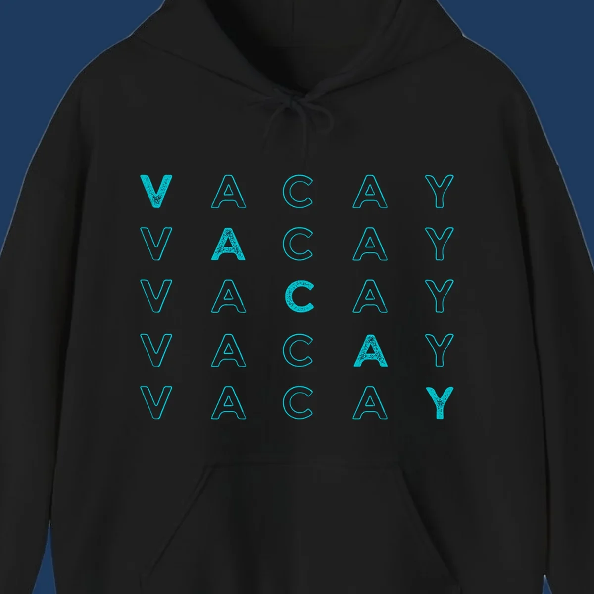 Repeating cyan 'VACAY' text pattern on gray background, vacation-themed design