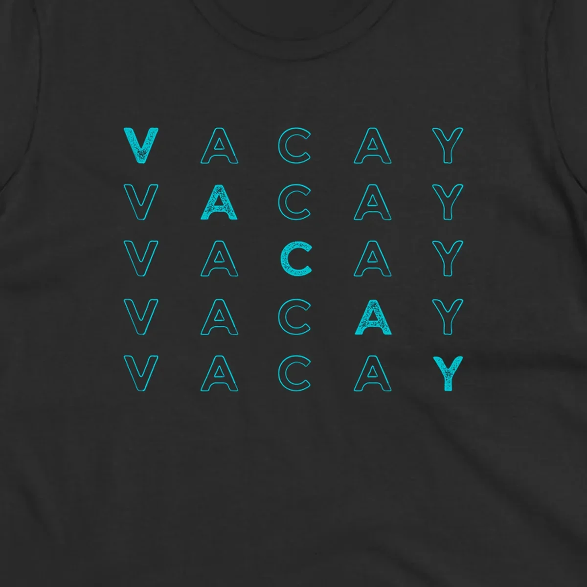 Repeating cyan 'VACAY' text pattern on gray background, vacation-themed design
