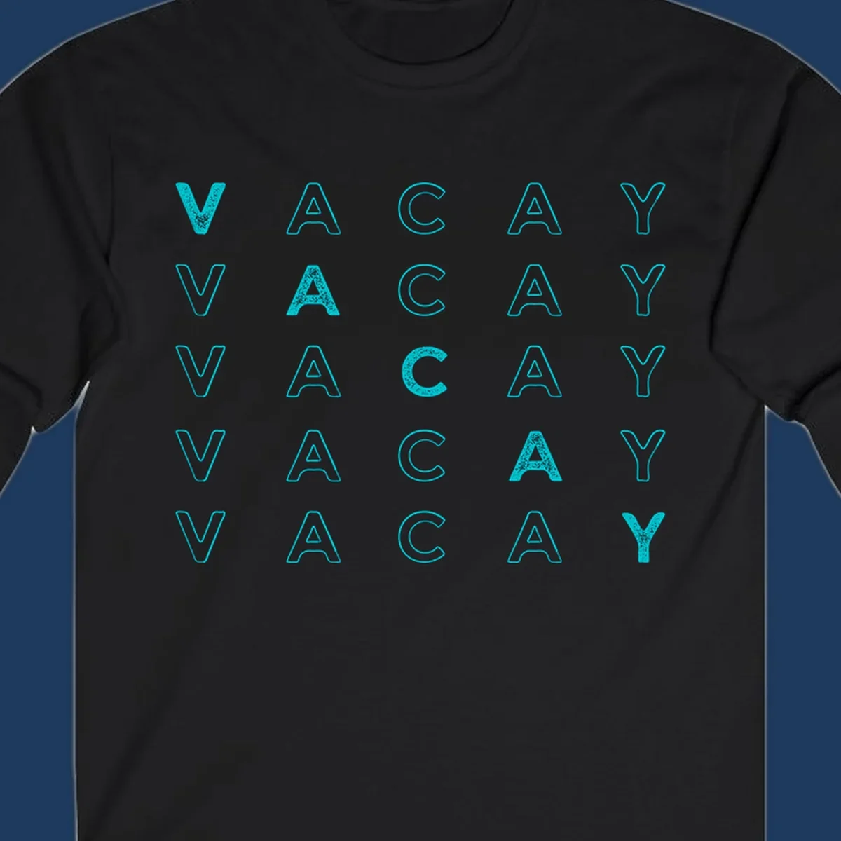 Repeating cyan 'VACAY' text pattern on gray background, vacation-themed design