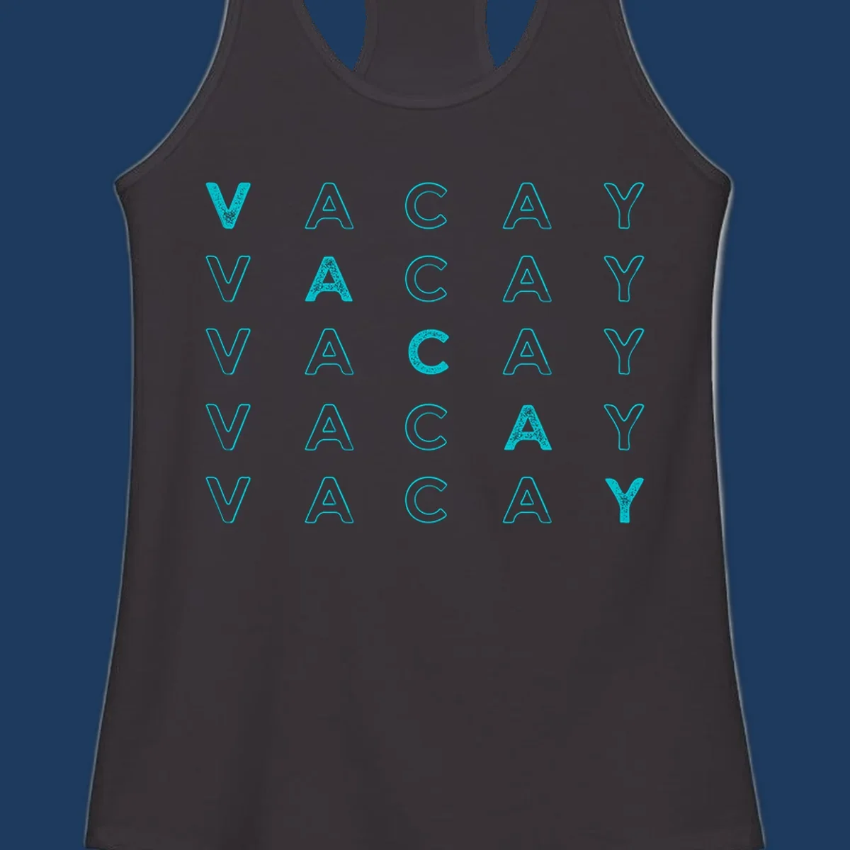 Repeating cyan 'VACAY' text pattern on gray background, vacation-themed design