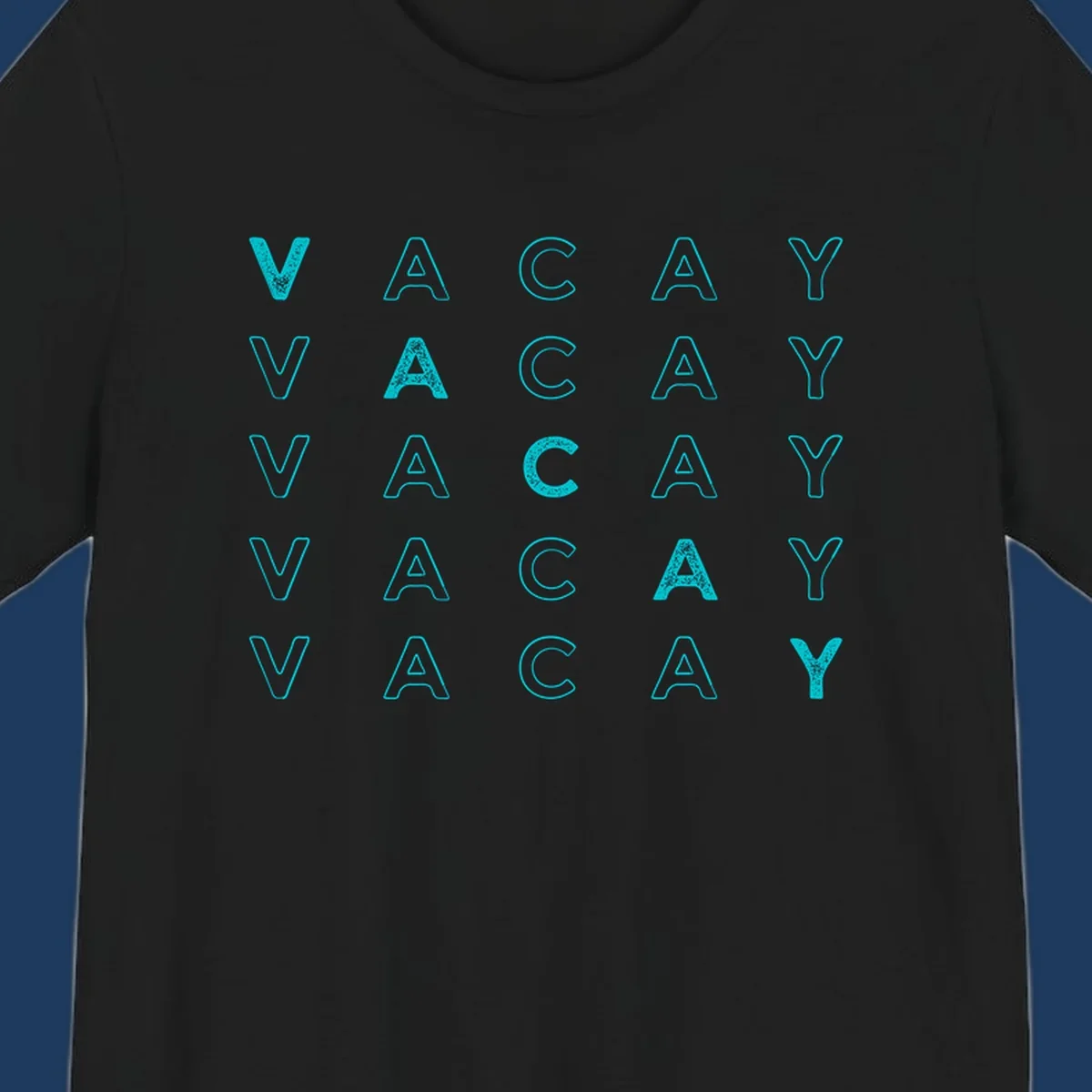 Repeating cyan 'VACAY' text pattern on gray background, vacation-themed design