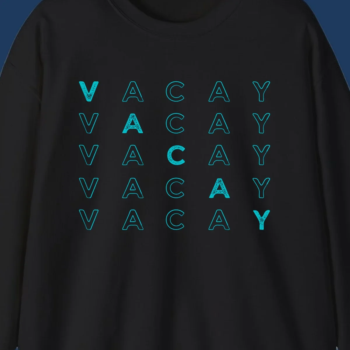 Repeating cyan 'VACAY' text pattern on gray background, vacation-themed design