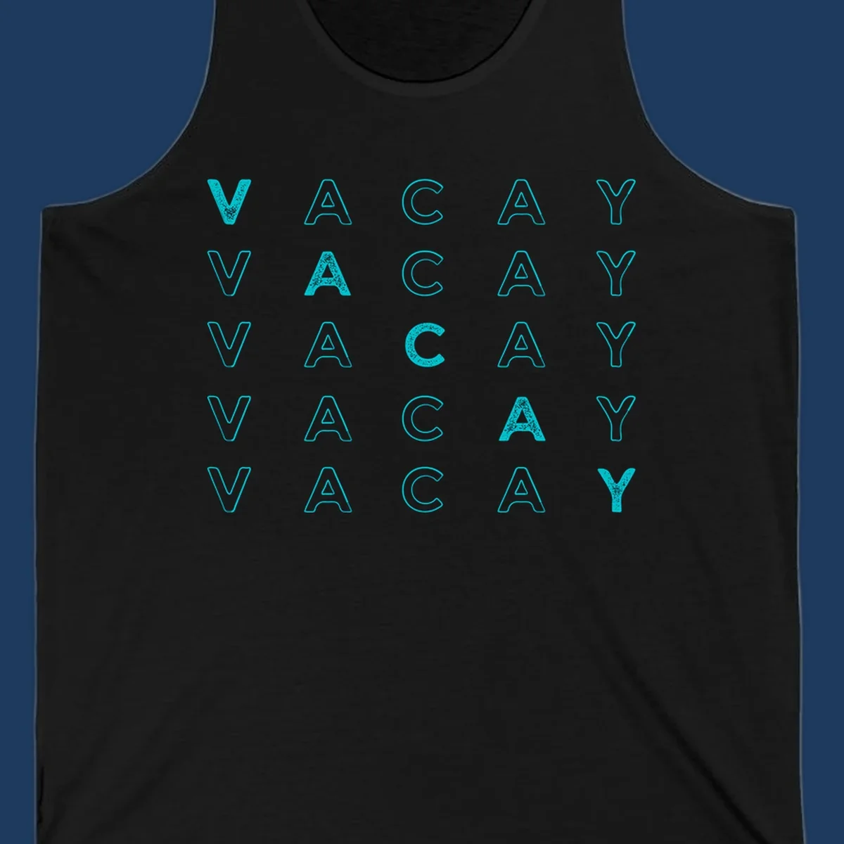 Repeating cyan 'VACAY' text pattern on gray background, vacation-themed design