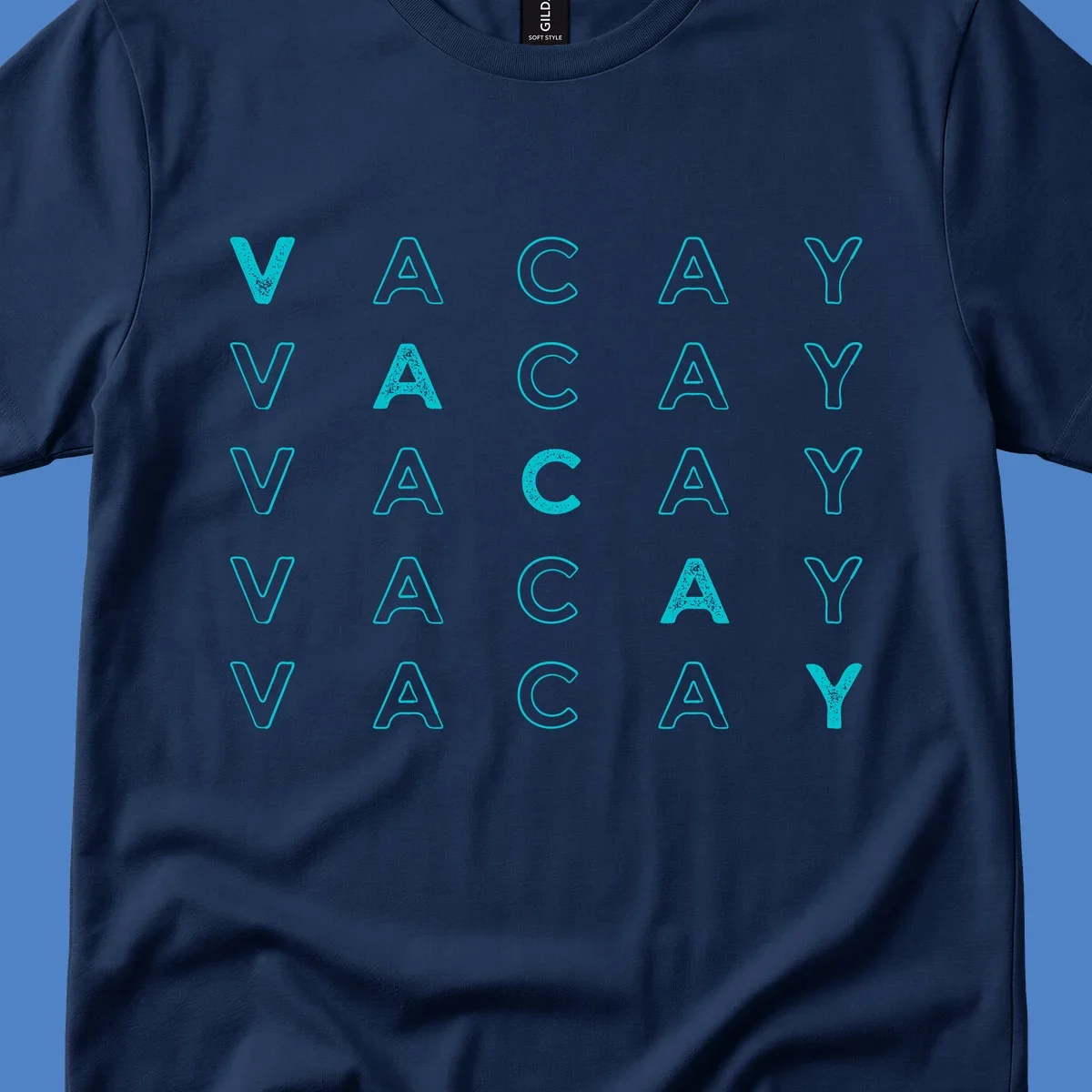 Repeating cyan 'VACAY' text pattern on gray background, vacation-themed design