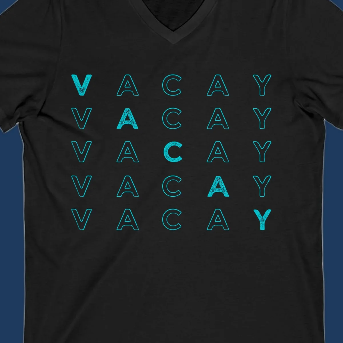 Repeating cyan 'VACAY' text pattern on gray background, vacation-themed design