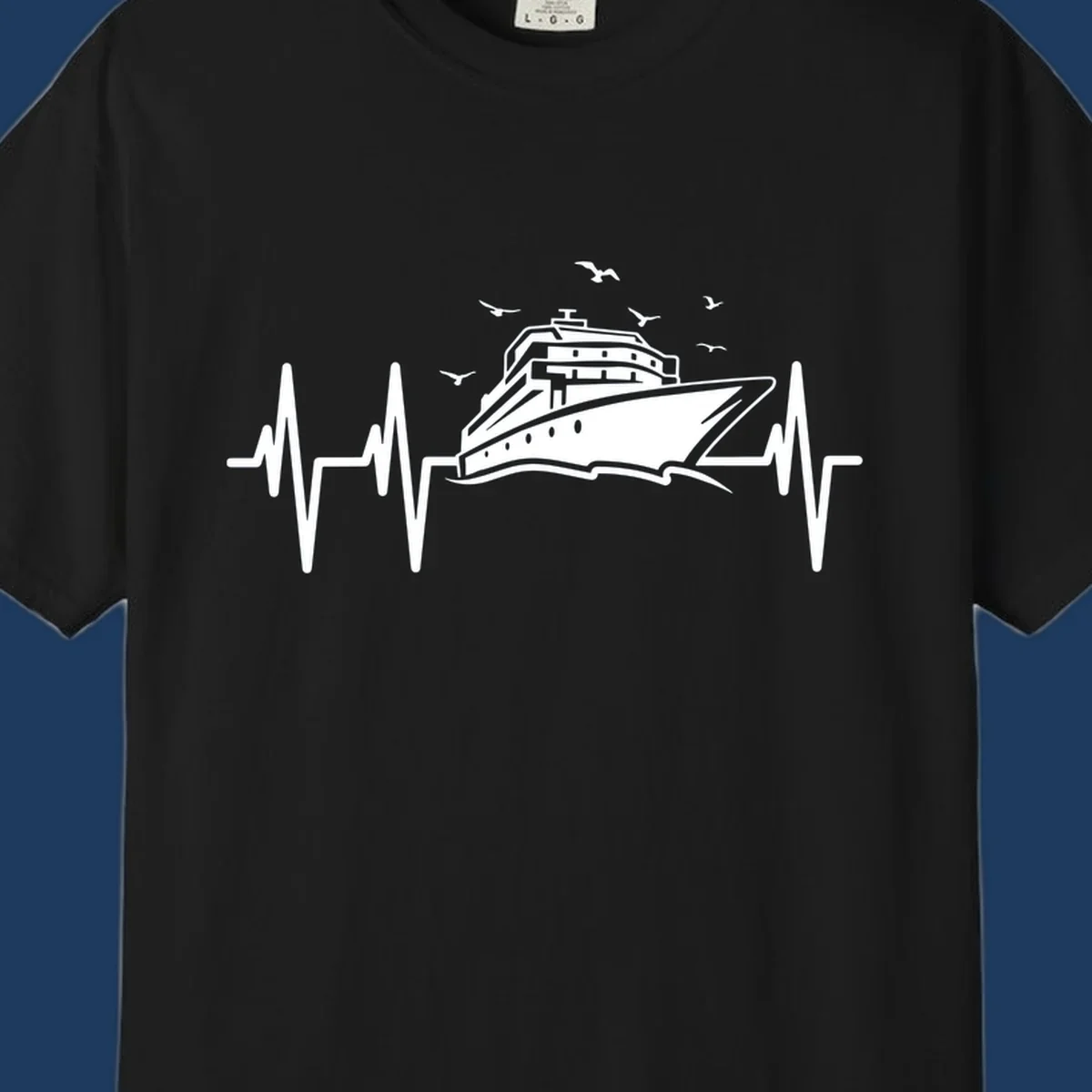 White cruise ship illustration centered between heartbeat monitor lines with flying seagulls on gray background