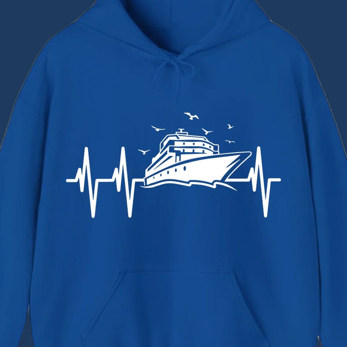 White cruise ship illustration centered between heartbeat monitor lines with flying seagulls on gray background