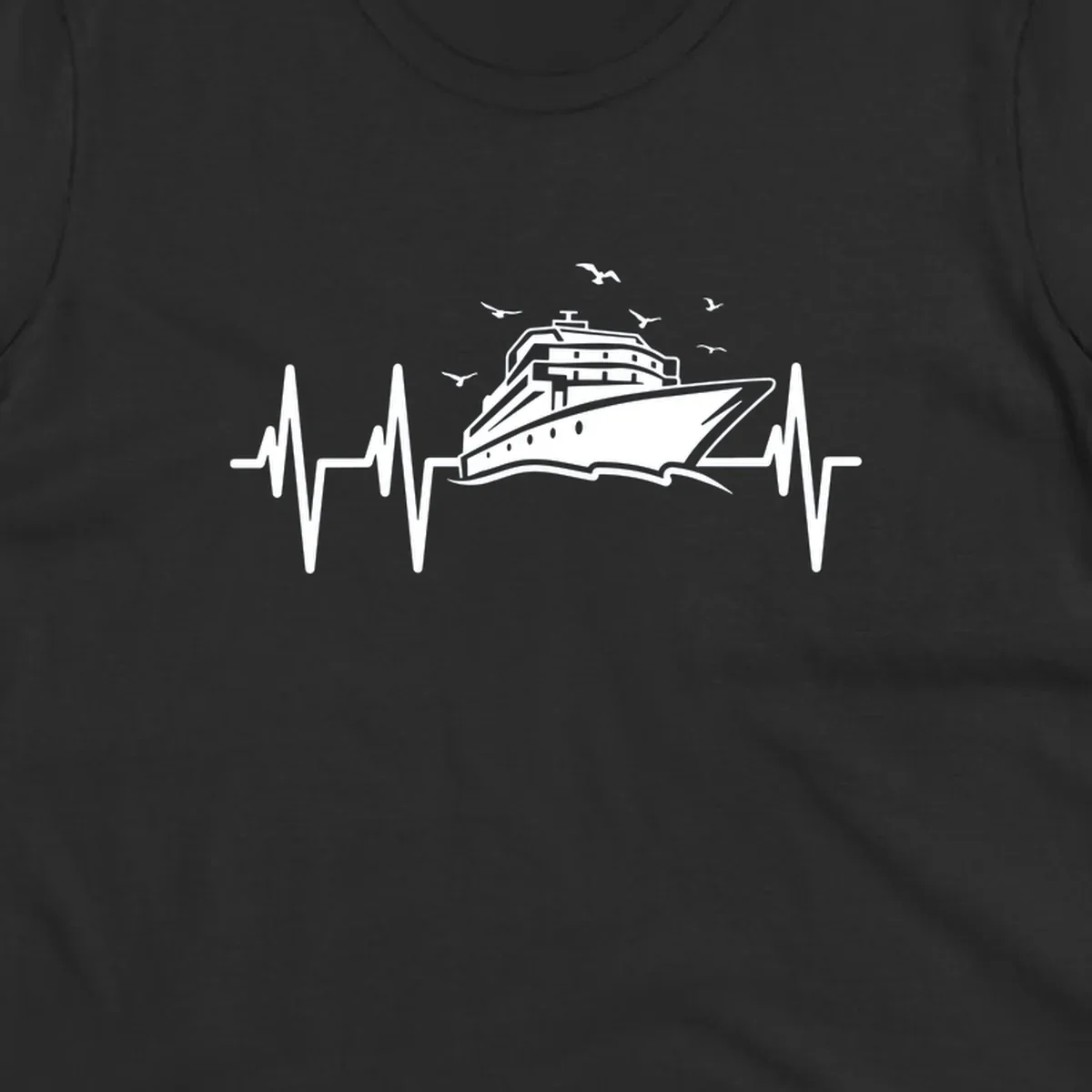 White cruise ship illustration centered between heartbeat monitor lines with flying seagulls on gray background