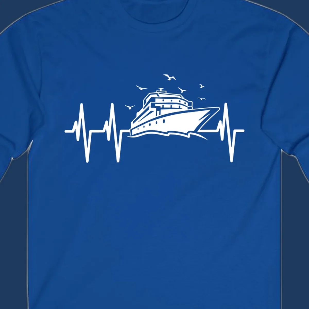 White cruise ship illustration centered between heartbeat monitor lines with flying seagulls on gray background