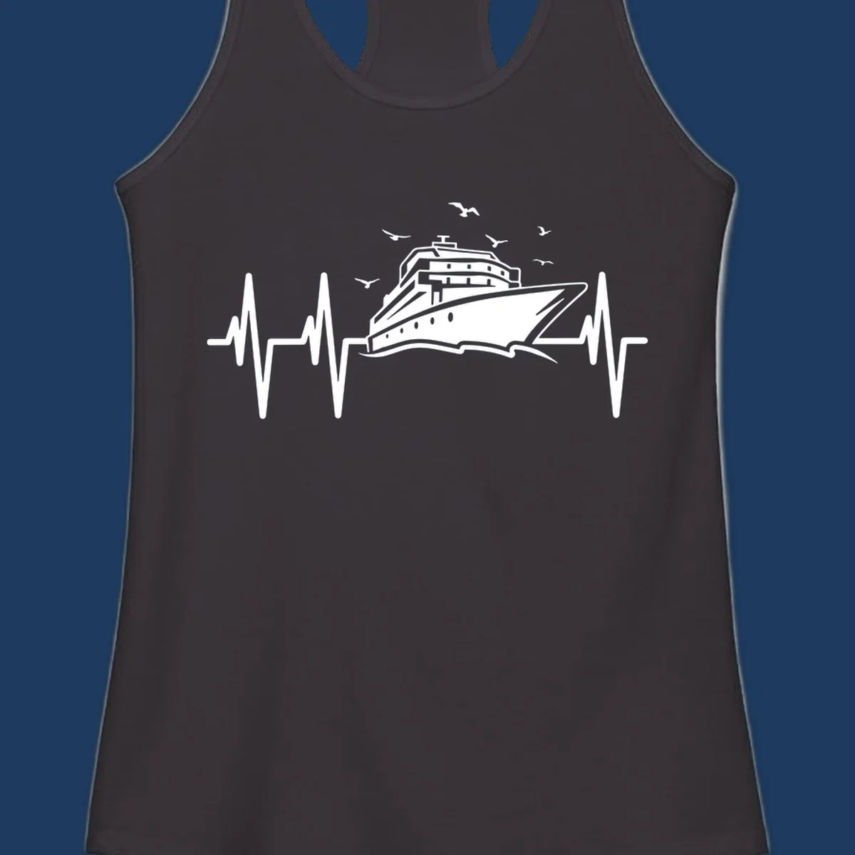 White cruise ship illustration centered between heartbeat monitor lines with flying seagulls on gray background