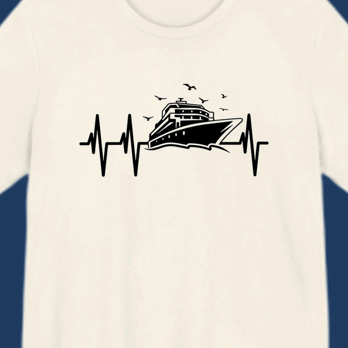 White cruise ship illustration centered between heartbeat monitor lines with flying seagulls on gray background