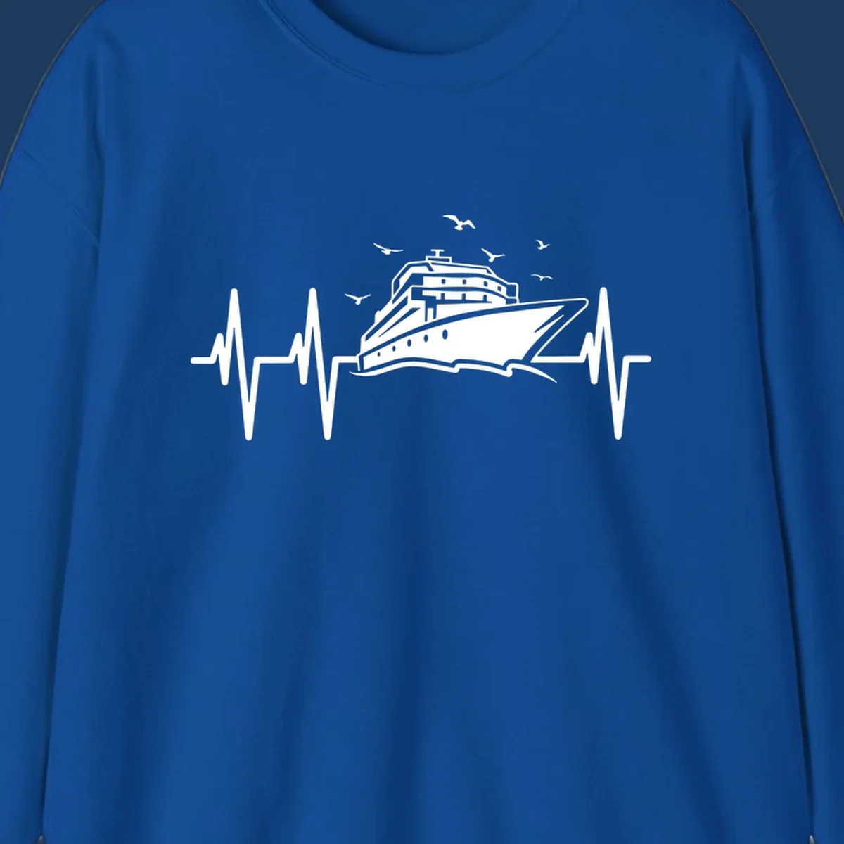 White cruise ship illustration centered between heartbeat monitor lines with flying seagulls on gray background