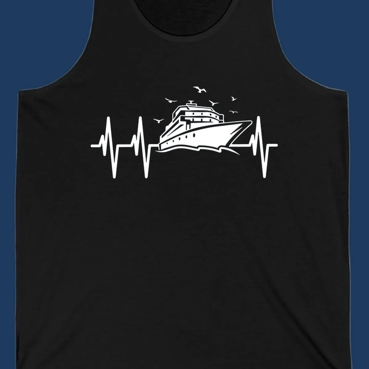 White cruise ship illustration centered between heartbeat monitor lines with flying seagulls on gray background
