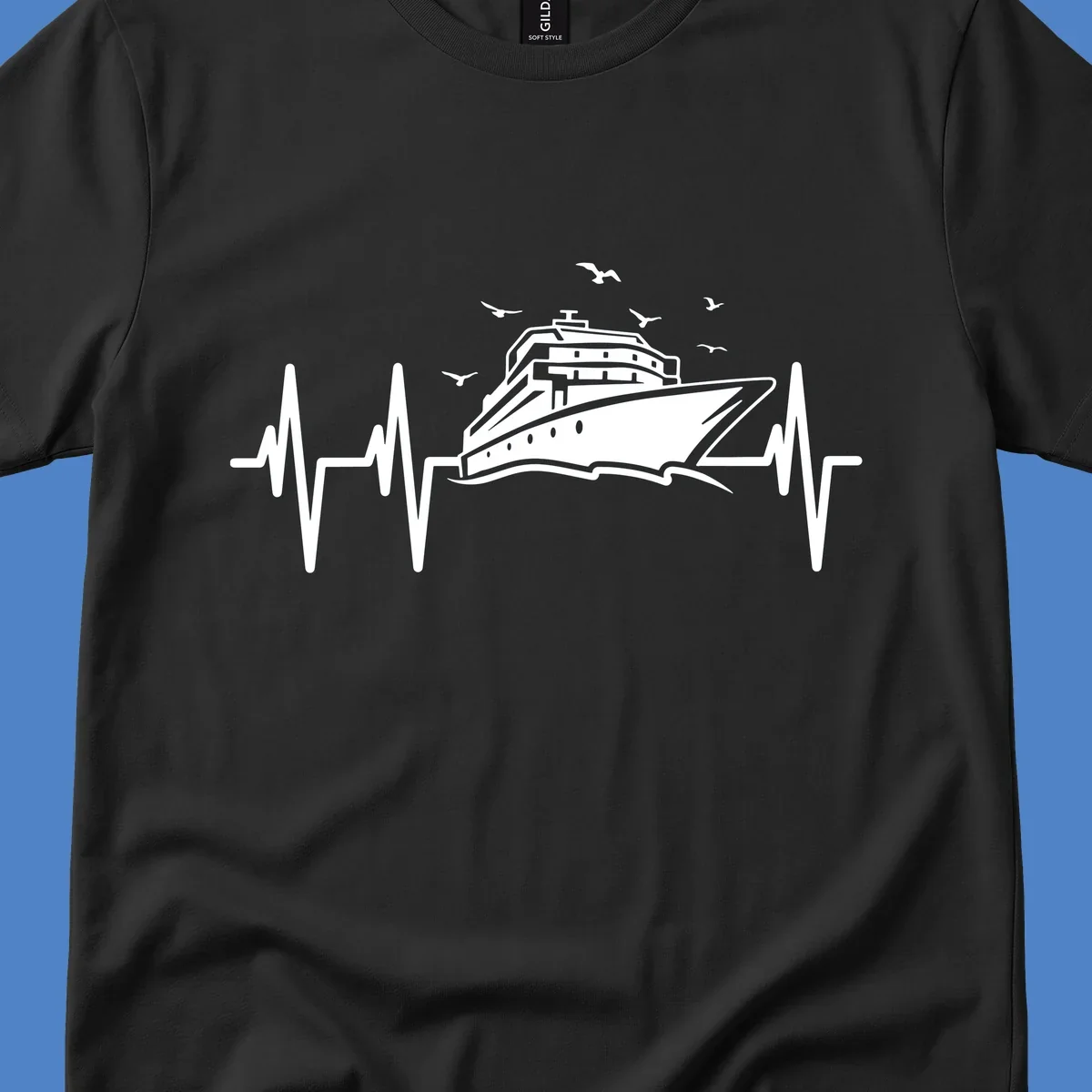 White cruise ship illustration centered between heartbeat monitor lines with flying seagulls on gray background
