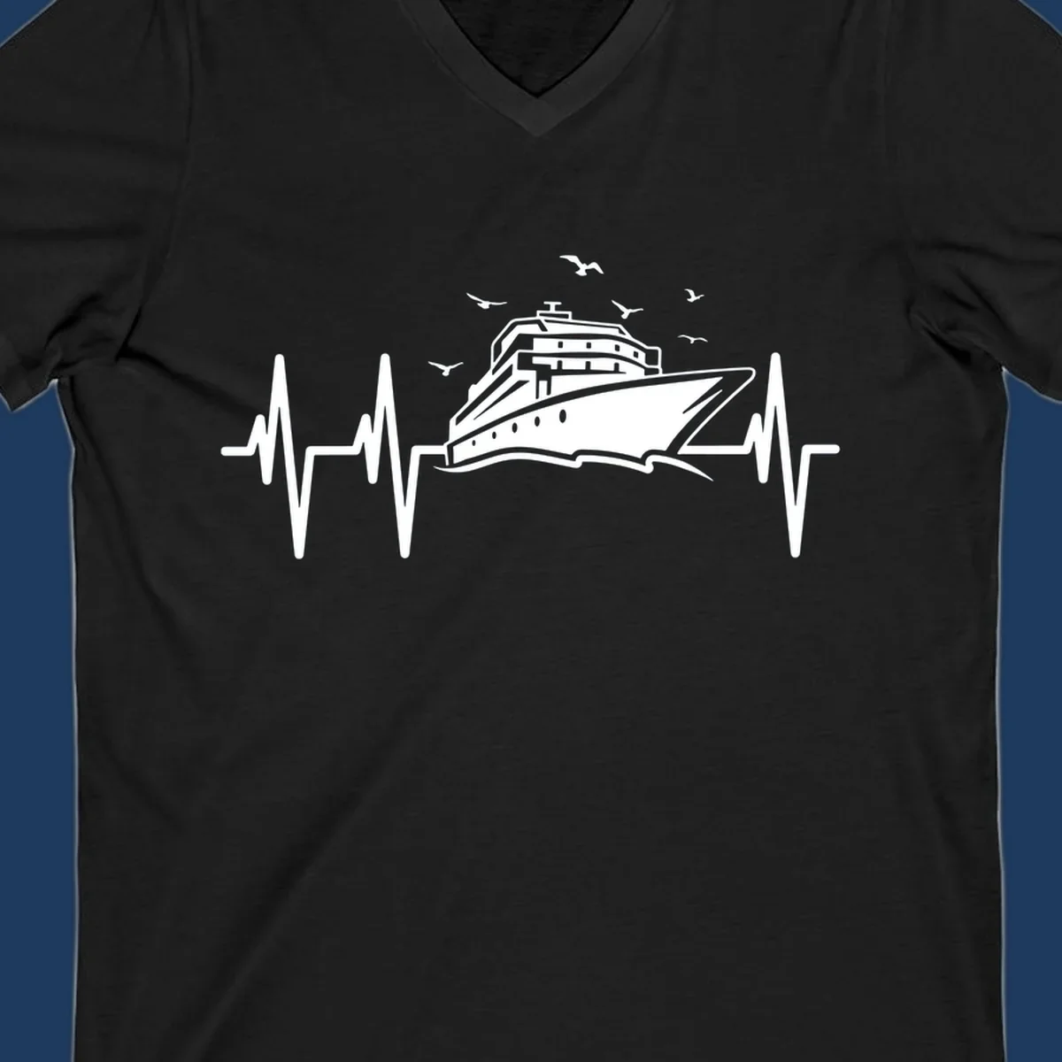 White cruise ship illustration centered between heartbeat monitor lines with flying seagulls on gray background