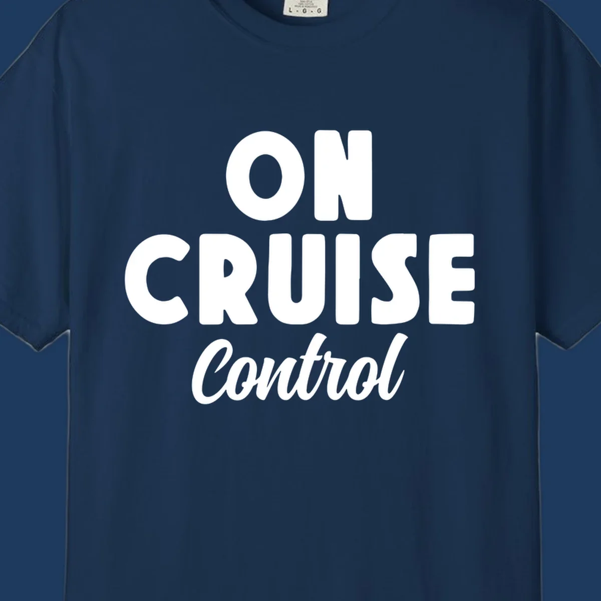 White text reading 'ON CRUISE CONTROL' with 'Control' in italic script on gray background, cruise-themed typography design